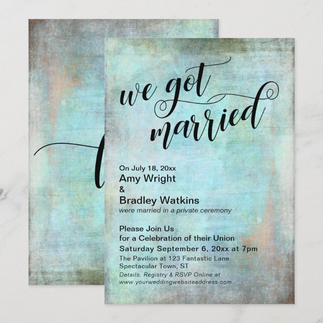 Rustikales Aqua Wir haben nur Verheiratet Empfang  Einladung (Vorne/Hinten)