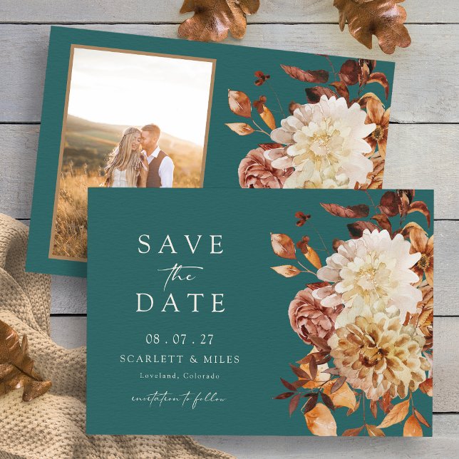 Rustikales Aquamarin Fall Foto Save the Date (Rustic Teal Fall Floral Photo Wedding Save The Date Card by Painted Paperie
)