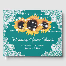 Rustikales Aquamarin Lace Sunflower Wedding Gästeb Gästebuch