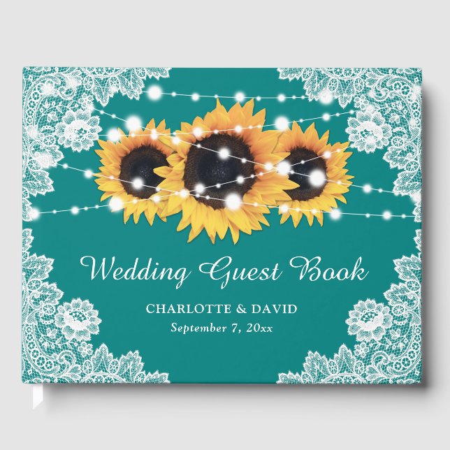 Rustikales Aquamarin Lace Sunflower Wedding Gästeb Gästebuch (Vorderseite)