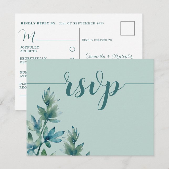 Rustikales Aquamarines Aquarellblatt Hochzeit RSVP Einladungspostkarte (Vorne/Hinten)