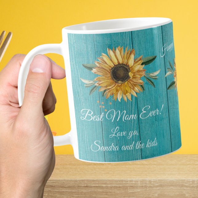 Rustikales Aquamarines blaues Sonnenblumen Beste M Kaffeetasse (Von Creator hochgeladen)