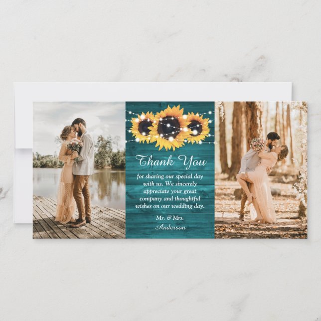 Rustikales Aquamarines Holz Burlap Herz Sonnenblum Dankeskarte (Vorderseite)