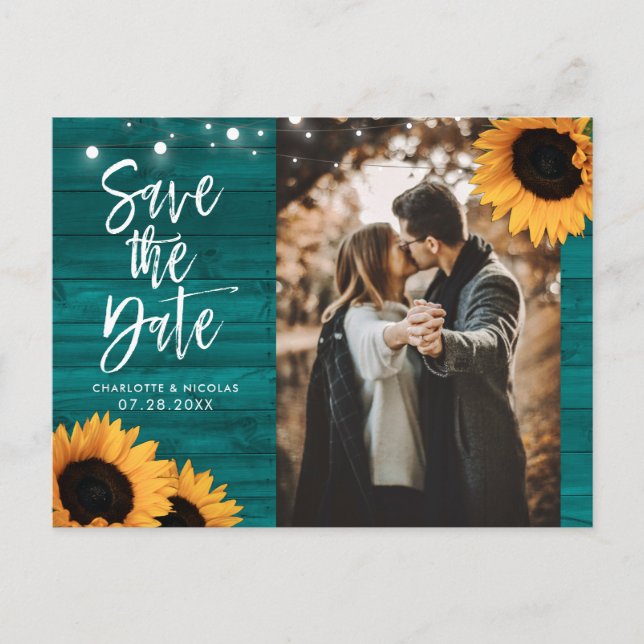 Rustikales Aquamarines Sonnenblumenhochzeitungs-Fo Postkarte (Vorderseite)