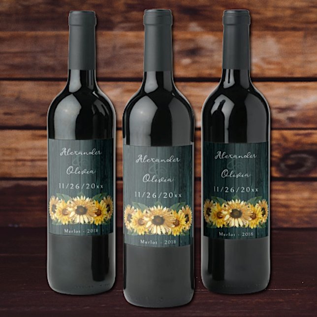Rustikales Aquamarines Sonnenblumenlabel Weinetikett (Rustic Teal Sunflower Wedding Wine Label)