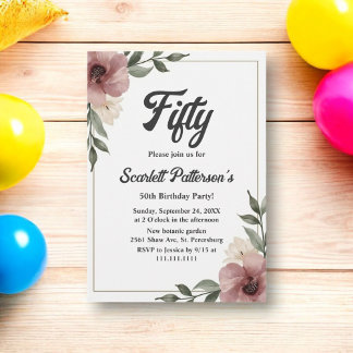 Rustikales Aquarellblütensommer 50. Geburtstag Einladung