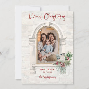 Rustikales Aquarellfenster mit Blumenbezug zu Weih Feiertagskarte