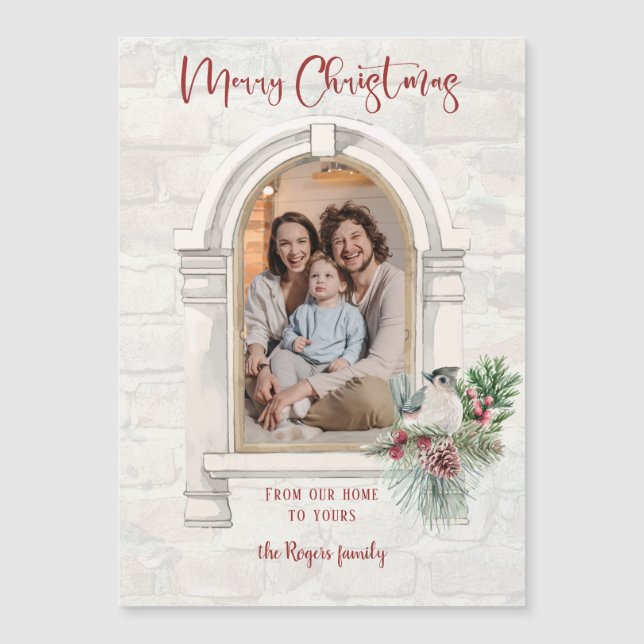 Rustikales Aquarellfenster mit Blumenbezug zu Weih Magnetkarte (Vorderseite)