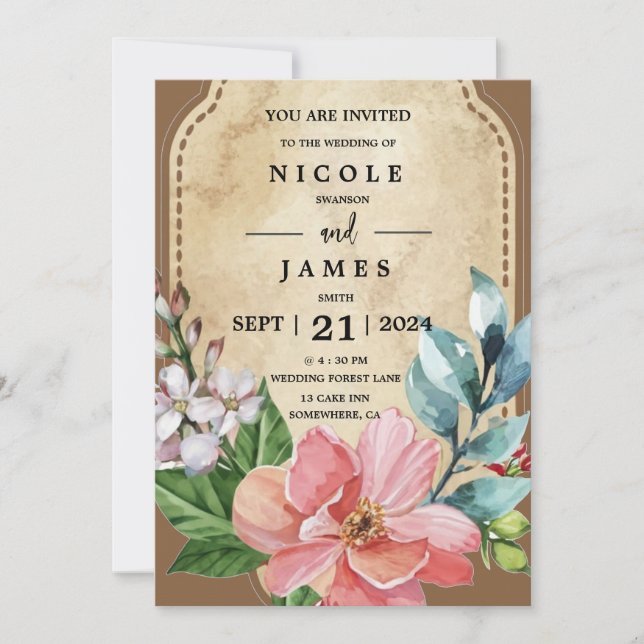 Rustikales Aussehen Aquarellblume Einladung (Vorderseite)