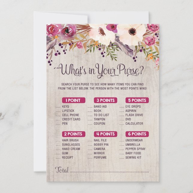 Rustikales Baby Duwer Game Was in der Tasche steck Einladung (Vorderseite)