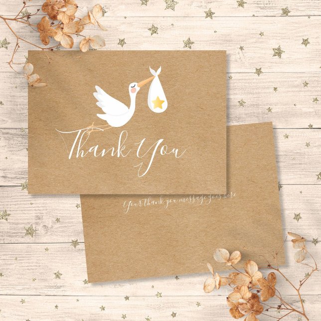 Rustikales Baby Duwer Gender Neutral Stork Gold St Dankeskarte (Rustic Baby Shower Gender Neutral Stork Gold Star Thank You Card)