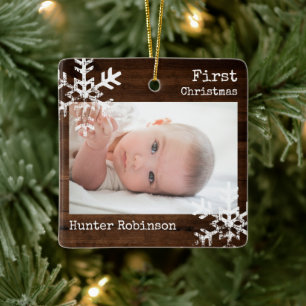 Rustikales Baby-Erstweihnachtsfoto Keramikornament