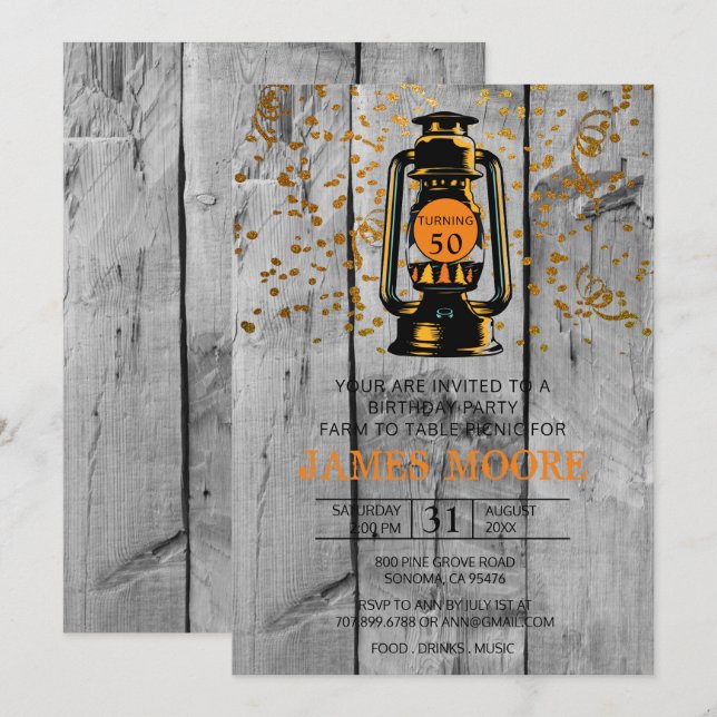 Rustikales Barnholz & Lattern 50. Geburtstagsparty Einladung (Vorne/Hinten)