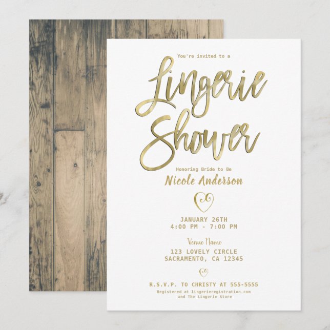 Rustikales Barnholz Moderne Gold Fingerie Dusche Einladung (Vorne/Hinten)