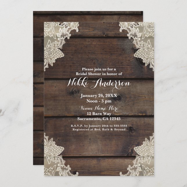 Rustikales Barnholz & Spitzen Romantische Hochzeit Einladung (Vorne/Hinten)