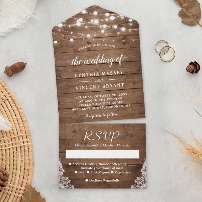 Rustikales Barnholz Twinkle Lights Hochzeit All In One Einladung (The detachable RSVP card ensures quick and convenient guest responses.)