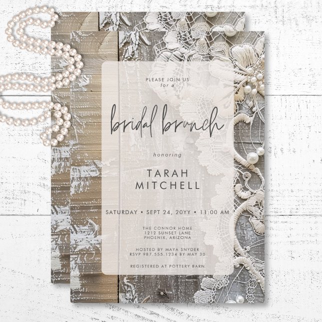Rustikales Barnwood & Bridal Lace Bridal Brunch Einladung (Rustic Barnwood & Bridal Lace Bridal Brunch Invitation)