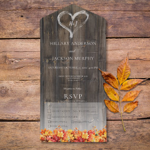 Rustikales Barnwood & Herbstlaubs Dinner All In One Einladung