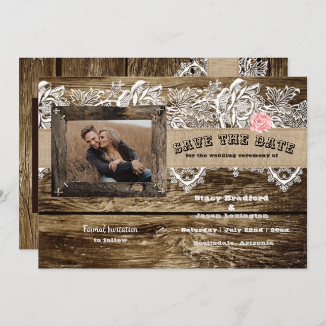 Rustikales Barnwood & Lace Save the Date Einladung (Vorne/Hinten)