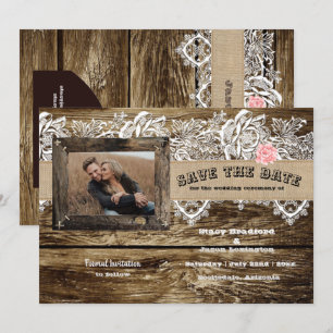 Rustikales Barnwood & Lace Save the Date Einladung