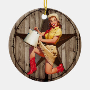 rustikales BarnWood Texas Stern-Westernlandcowgirl Keramikornament