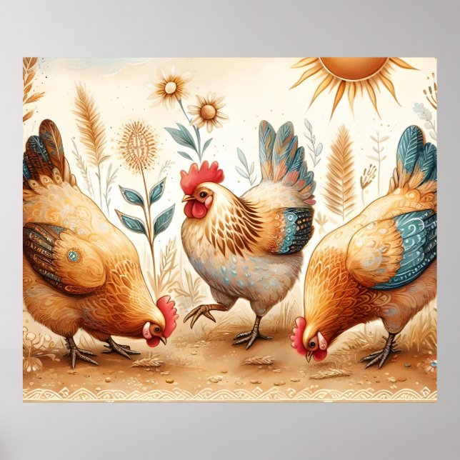 Rustikales Barnyard Chickens Boho Country Farm Pos Poster (Vorne)