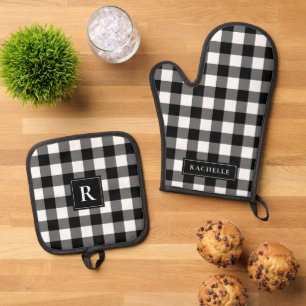 Rustikales Bauernhaus Black and White Gingham Ofenhandschuh & Topflappen-Set