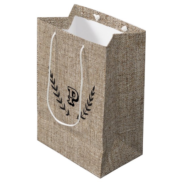 Rustikales Bauernhaus Burlap & Black Botanic Laure Mittlere Geschenktüte (Vorderseite Schrägansicht)