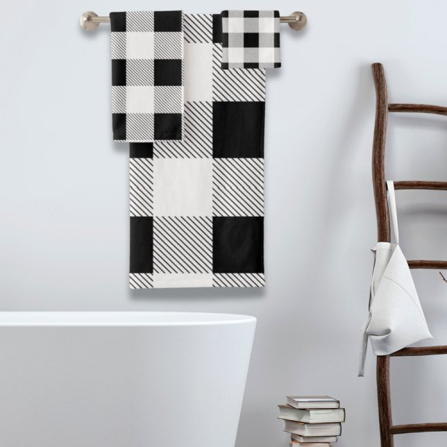 rustikales Bauernhaus elegant schwarzweiß kariert Badhandtuch Set (rustic farmhouse chic black and white plaid bath towel set)