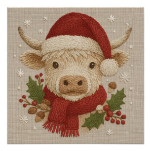 Rustikales Bauernhaus Hochland Kuh mit Weihnachtsm Poster