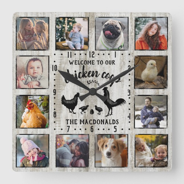 Rustikales Bauernhaus Holzhühnchen Coop Fotolage Quadratische Wanduhr (Vorderseite)