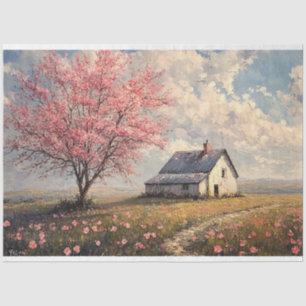Rustikales Bauernhaus mit blühendem Baum Decoupage Seidenpapier