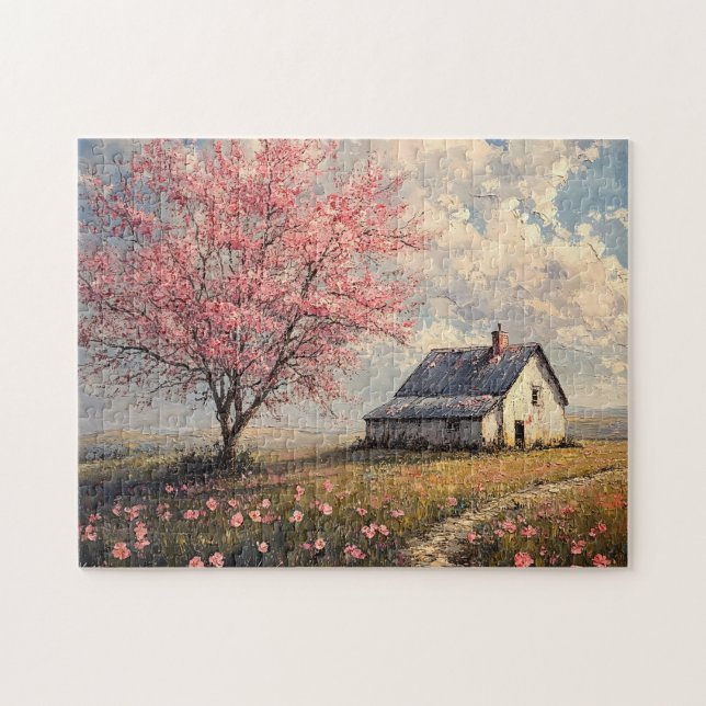 Rustikales Bauernhaus mit blühendem Baum Puzzle (Horizontal)