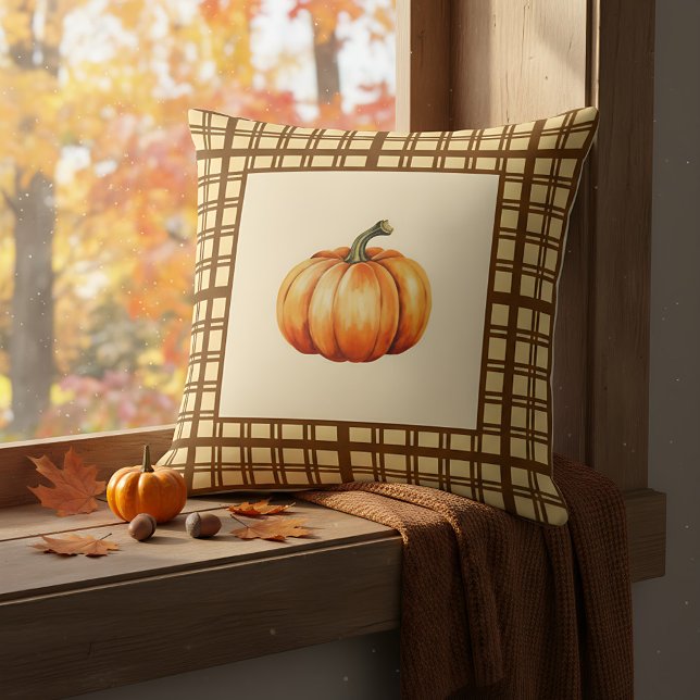 Rustikales Bauernhaus Pumpkin Brown Hütte Fall Akz Kissen (Cozy pumpkin pillow for autumn vibes.)