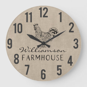 Rustikales Bauernhaus Rooster Burlap Familienname  Große Wanduhr