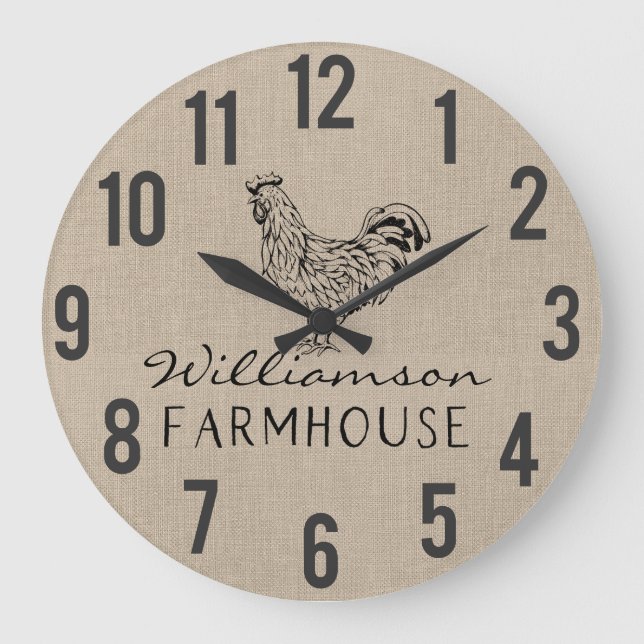Rustikales Bauernhaus Rooster Burlap Familienname  Große Wanduhr (Vorderseite)
