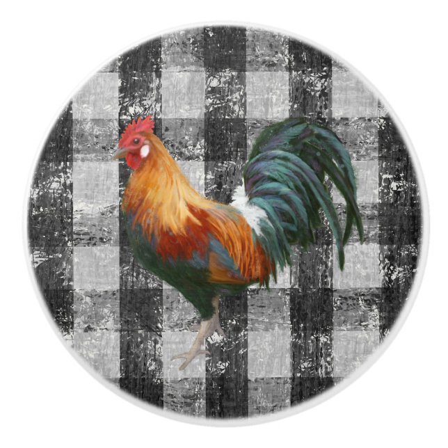 Rustikales Bauernhaus Rooster Schwarz-weiß Gingham Keramikknauf (Vorderseite)