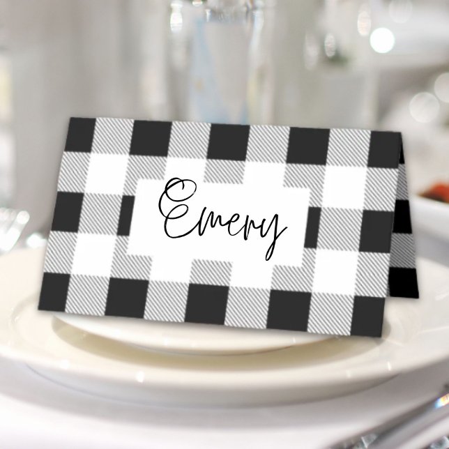 rustikales Bauernhaus Schwarz-weißes Büffel karier Platzkarte (rustic farmhouse black white buffalo plaid party place card)