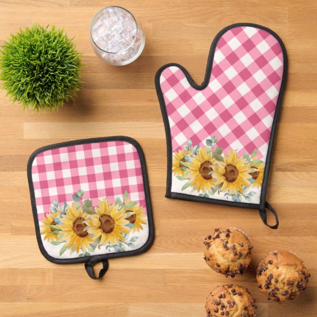 Rustikales Bauernhaus Sonnenblumen Pink Gingham Ofenhandschuh & Topflappen-Set (Oben Unten)