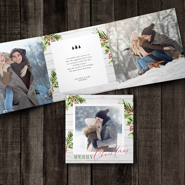 Rustikales Bauernhaus Watercolor Pinienwald Weihna Dreifach Gefaltete Urlaubskarte (Von Creator hochgeladen)