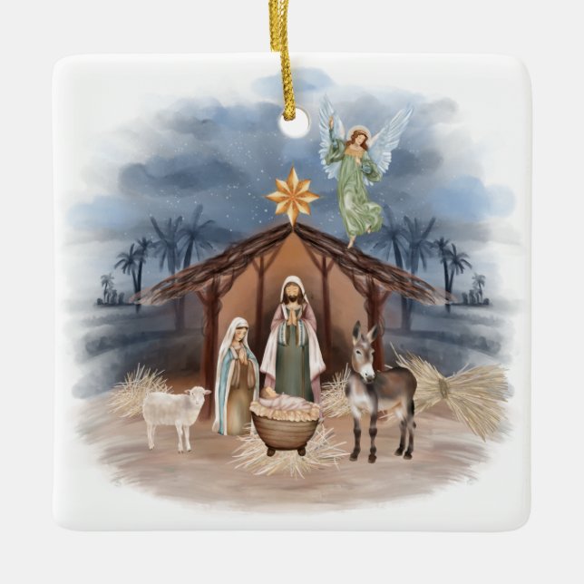 Rustikales Bauernhaus Weihnachten Wasserfarbe Krip Keramikornament (Vorderseite)