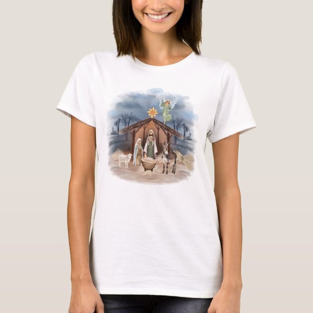 Rustikales Bauernhaus Weihnachten Wasserfarbe Krip T-Shirt (Vorderseite)