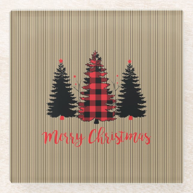 Rustikales Bauernhaus Weihnachtsbaum Trio Glasuntersetzer (Vorderseite)