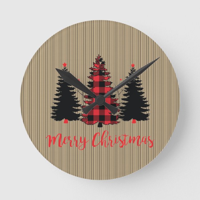 Rustikales Bauernhaus Weihnachtsbaum Trio Runde Wanduhr (Vorderseite)