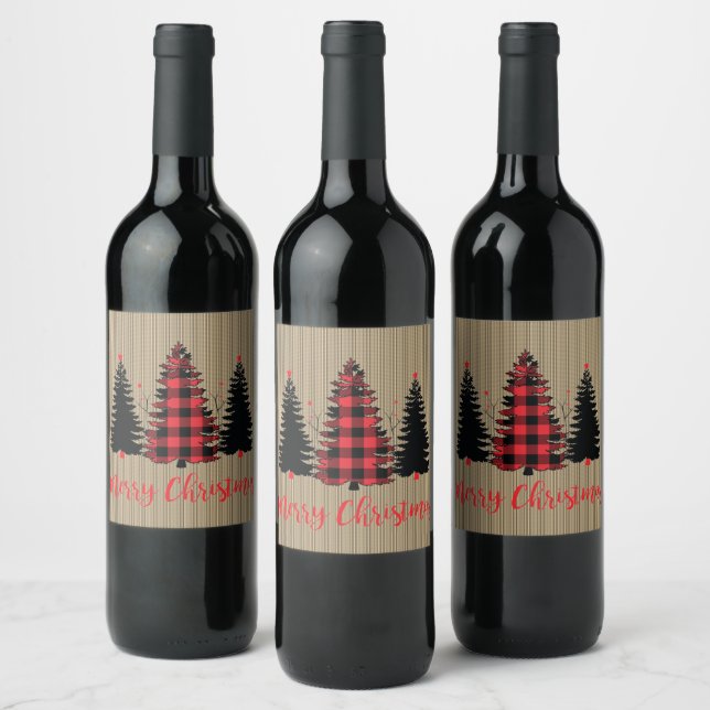 Rustikales Bauernhaus Weihnachtsbaum Trio Weinetikett (Flaschen)