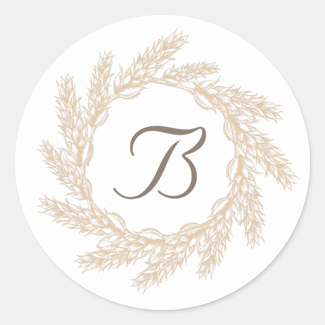 Rustikales Bauernhaus Wheat Wreath | Monogramm Runder Aufkleber (Vorderseite)
