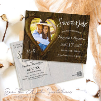 Rustikales Baumherz-Foto Save the Date Postkarte