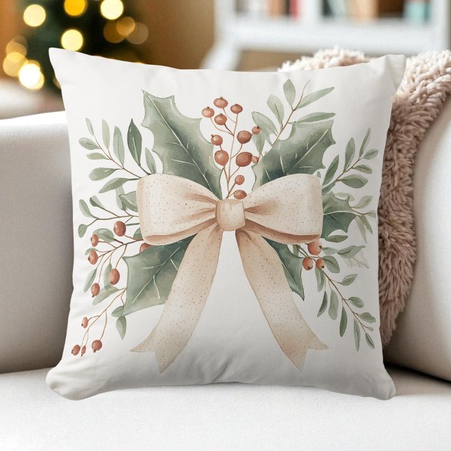 Rustikales Beige Blätter und Berries Kissen (Rustic Watercolor Beige Bow Leaves and Berries Throw Pillow)