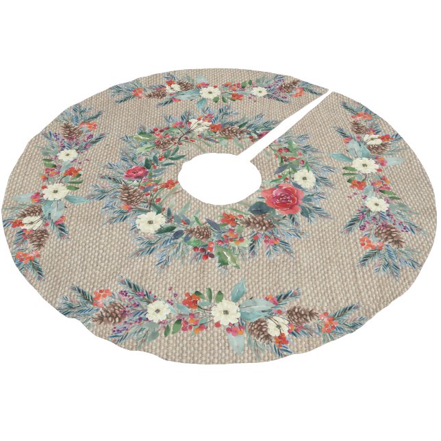 Rustikales Beige Burlap Aquarell Blütenweihnachtsf Polyester Weihnachtsbaumdecke (Schrägansicht)