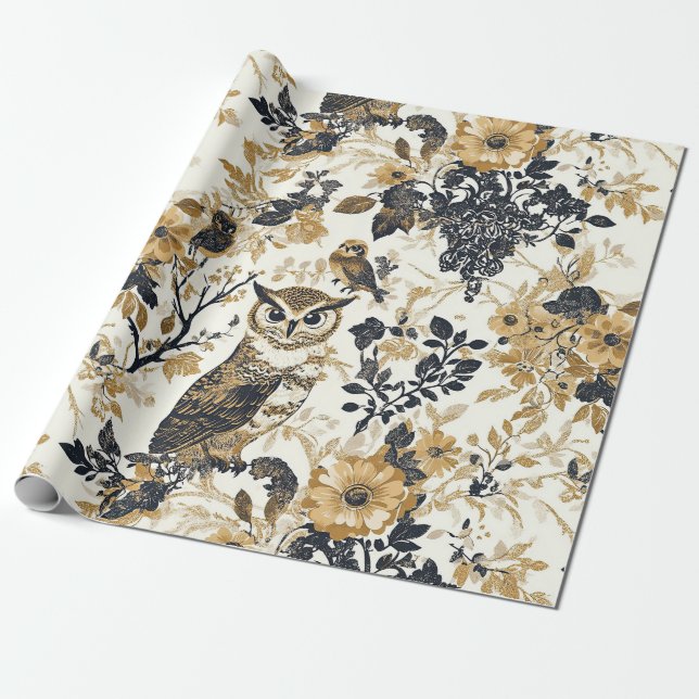 Rustikales Beige-Eulen-Wald-Blumenmuster Geschenkpapier (Ungerollt)